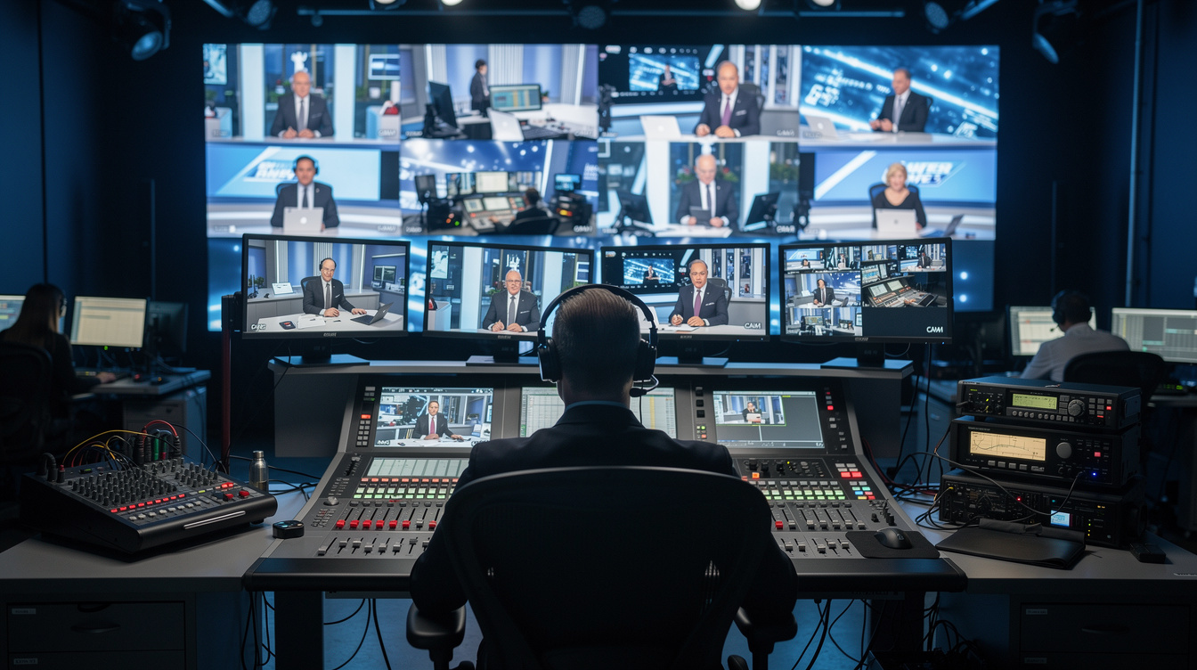 TV control room with multiple broadcast monitors during a live news transmission