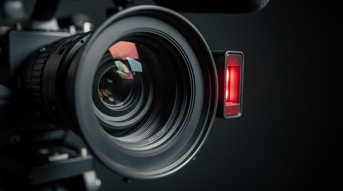 Dramatic close up of a professional broadcast camera lens with a red recording light on